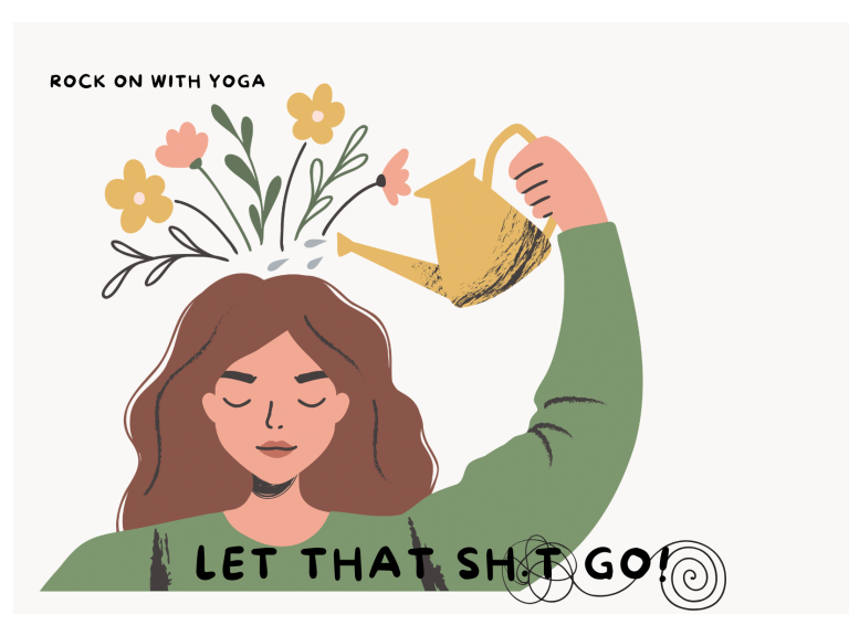 Frau mit Pflanzenkrone gießt mit einer Gießkanne, Slogan "LET THAT SH.T GO!"
