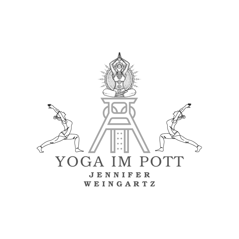 Logo von "Yoga im Pott" mit stilisierten Yoga-Posen und einer zentralen Statue.